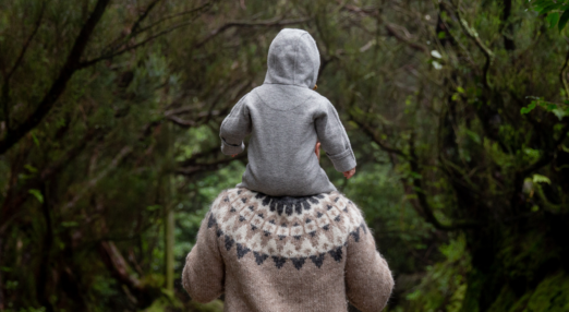 Child on parent's shoulders. Walking through woodland.