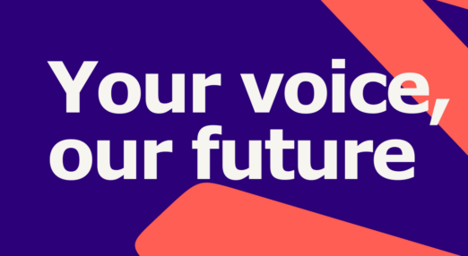 Your voice, our future. Tinnitus UK graphic on a dark blue background with a coral pink soundwave icon in the bottom right hand corner.